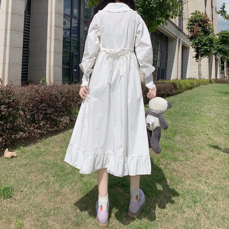 Dress 2020 Autumn Japanese Sweet lolita dess Doll Collar Long Sleeves High Waist All-Matching Ruffled Swing Female White Dress