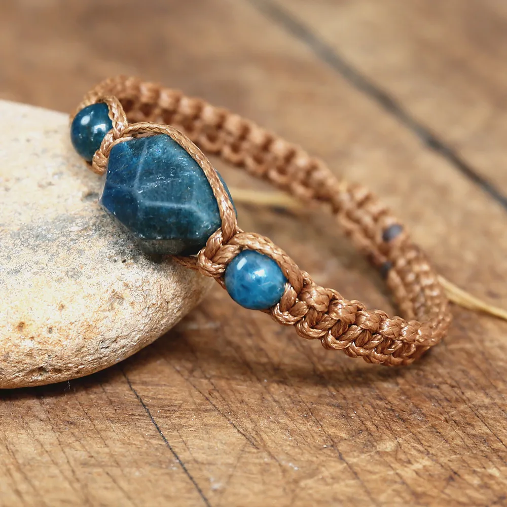 Pulseira de Apatita para Homens e Mulheres, Jóias Artesanais, Trançado, Amuleto da Amizade, Ioga, Cura