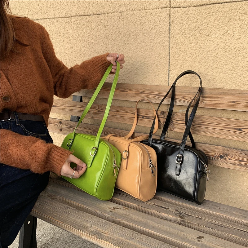 Fashion Green PU Leather Women Shoulder Bags Simple Design Solid Color Ladies Tote Handbags Vintage Black Female Underarm Bag