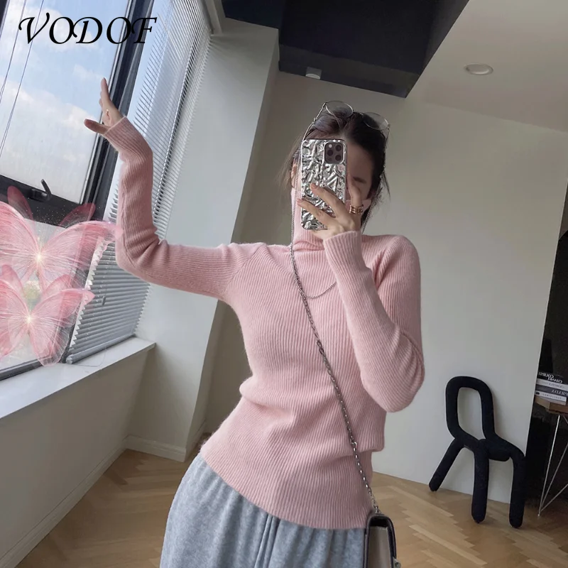 VODOF Women 100% Wool Turtleneck Sweater Vintage Office Ladies Thin Knitted Jumper Tops