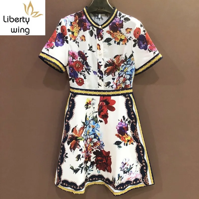 

Quality Womens Flowers Printing Embroidered Flares Slim Fit Short Sleeve O-Neck High Waist Female A-Line Dresses