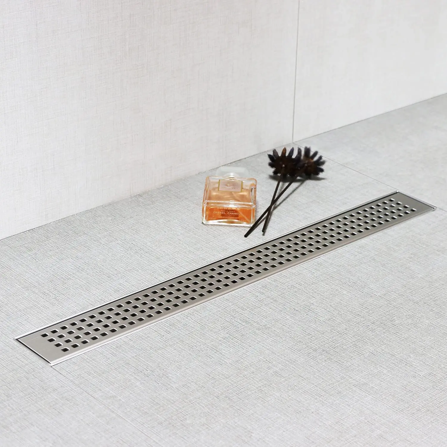 

36 inch Linear Shower Drain with Removable Square Hole Panel Linear Drain Equipped with Adjustable Feet and Hair Strainer