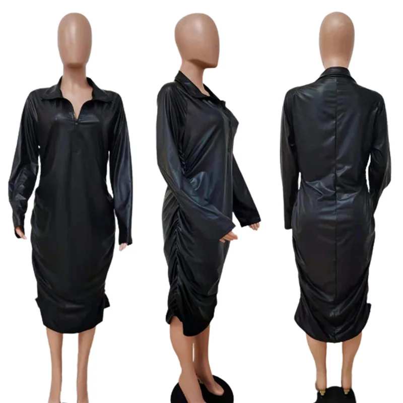 Vestidos de talla grande con cremallera, vestido negro Sexy, ropa de discoteca, cuero elástico, manga larga, Midi, Bodycon, venta al por mayor, envío directo