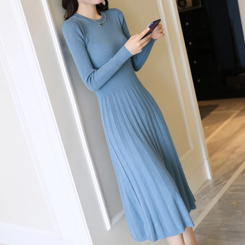 2020 slim mid-length knee-length sweater female autumn and winter thick knitted bottoming shirt round neck Long sleeve dress