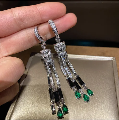 Pendientes de borla de circón negro con cabeza de leopardo para mujer, temperamento de moda, pendientes llenos de diamantes, nuevo