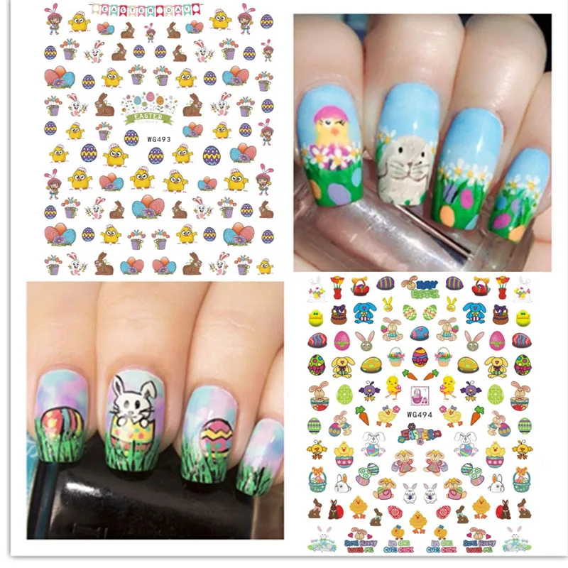 

Morixi nail art sticker for Easter day cute Chicken rabbit printing ultra thin strip back glue nail wraps WG058