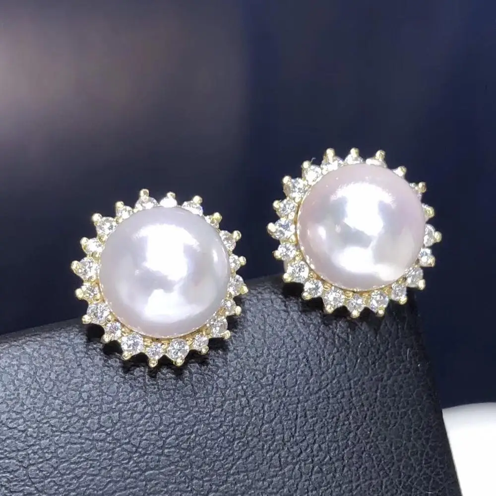 Fine Jewelry Pure 18 K White Gold Natural Japan Origin Akoya 9-8mm White Round Pearl Earrings for Women Fine Pearl Earrings