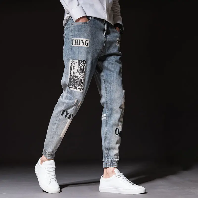Designer Jeans for Men Letter Print Male Harem Pants Baggy Jeans Distressed Man Cargo Jeans Ankle Banded Hip Hop Ripped Jeans
