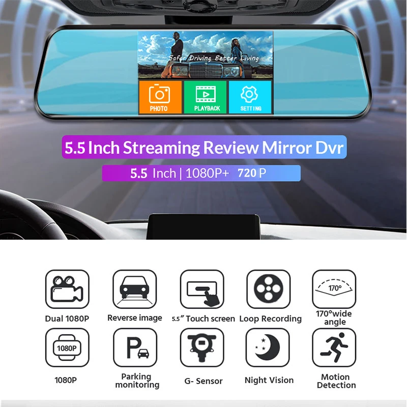 LS Car Dvr 5.5 Inch Touch Screen Video Recorder Auto Registrar Stream Mirror Support RearView Camera Night Vision Dash Cam