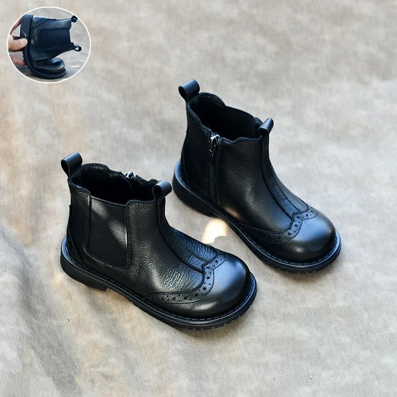 Autumn Spring Children's Boots Genuine Leather Boys Riding Boots Girls Short Boots Soft Cowhide Kids Shoes Size 23-36