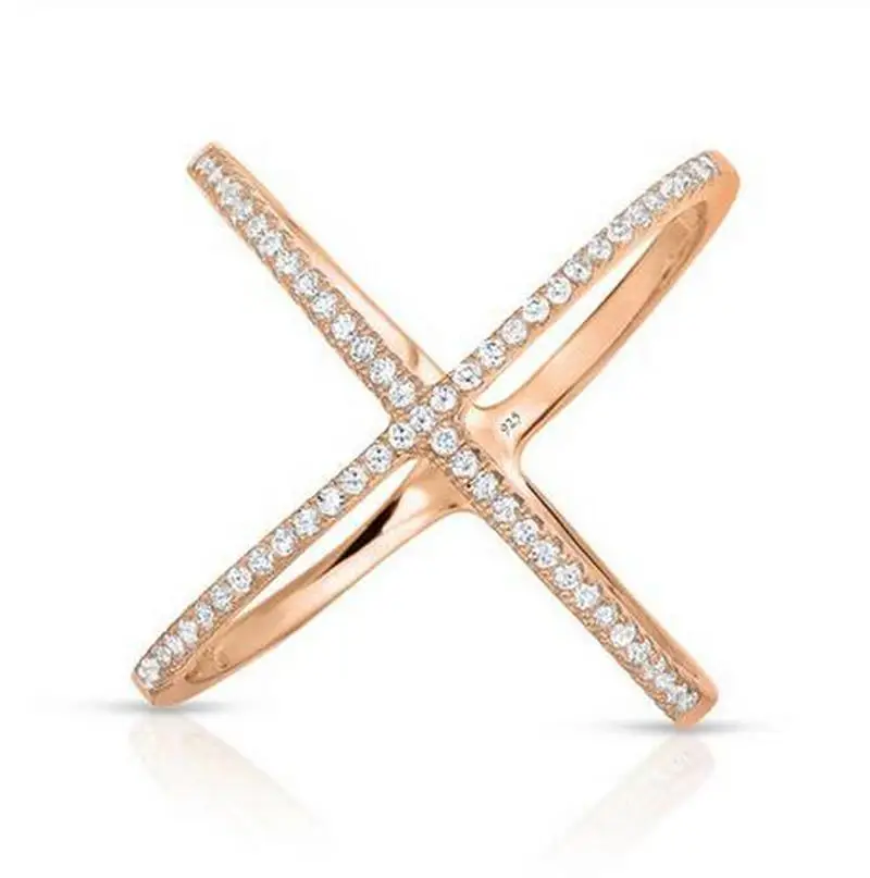 high quality rhodium rose gold authentic 925 sterling silver wide band X ring micro pave zircon criss cross ring for women