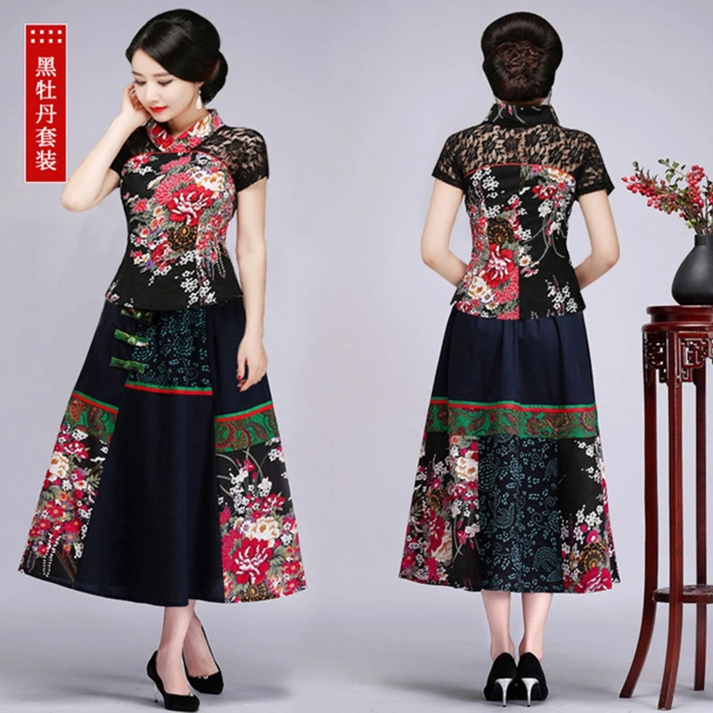 

Chinese Style Clothing New Black 2 Piece Suit (shirt+ Skirt) Women Embroidery Set Casual Elegant Everyday Short Sleeve Set