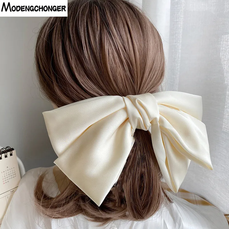 High Quatity Solid Color Big Bow Hairpins For Girl Popular Hair Clip For Women Sweet Two-layer Satin Hairgrip Hair Accessories