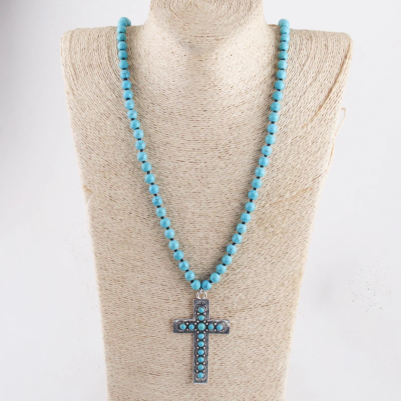 RH Fashion Bohemian Jewelry Accessory Blue Stones Knotted Metal Cross Necklace Women Boho Gift Dropship