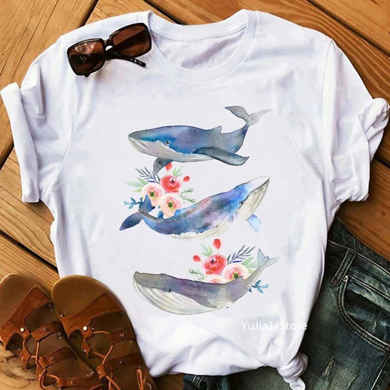 Whales Watercolor Flowers Roses Print Women'S T-Shirt White Tshirt Femme Summer Fashion Short Sleeve T Shirt Female Tops