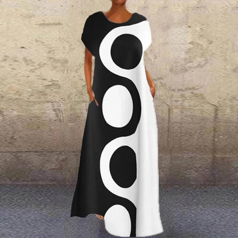 Senhoras elegante menina abstrata impresso vestidos de festa casual manga curta com decote em v vestidos longos verão solto vestidos de linha a