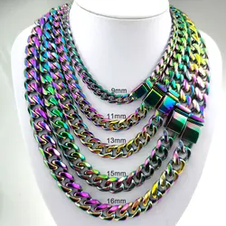 Nice Rainbow color  Mens Womens Cuban Link necklace Hip Hop Stainless Steel Chain Curb  9-16mm band width;18inch-30inch