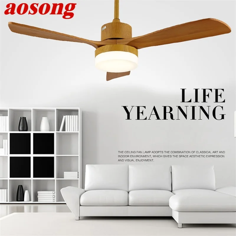 

AOSONG Wood Ceiling Fan Lights Modern Simple LED Lamp with Remote Control for Home Living Dining Room