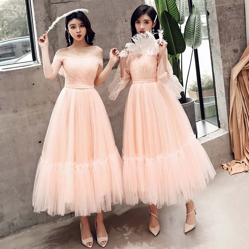 Beauty Emily 6 Styles Bridesmaid Dresses Lace O Neck Tulle Party Gowns For Wedding Pleated Prom Gowns Vestido de dama de honor