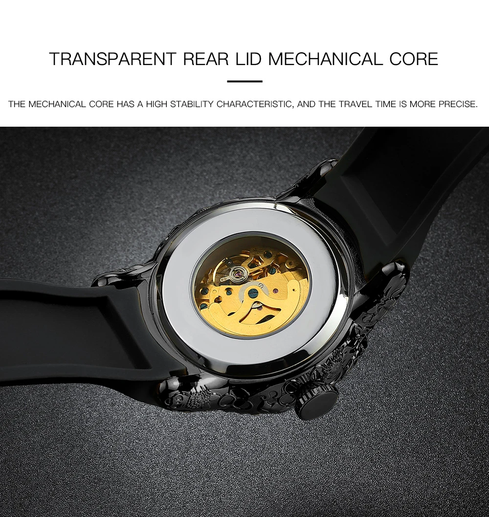 Gold Dragon Sculpture Automatic Mechanical Watches Men Waterproof Silicone Strap Quartz Wristwatch Clock Relojes Hombre