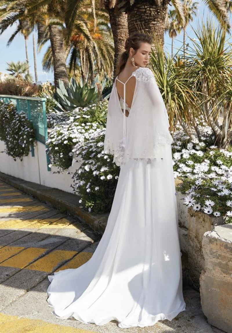 Novo boho vestidos de casamento espaguete cinta apliques chiffon com blusa a linha praia vestidos de casamento vestido de noiva 2020