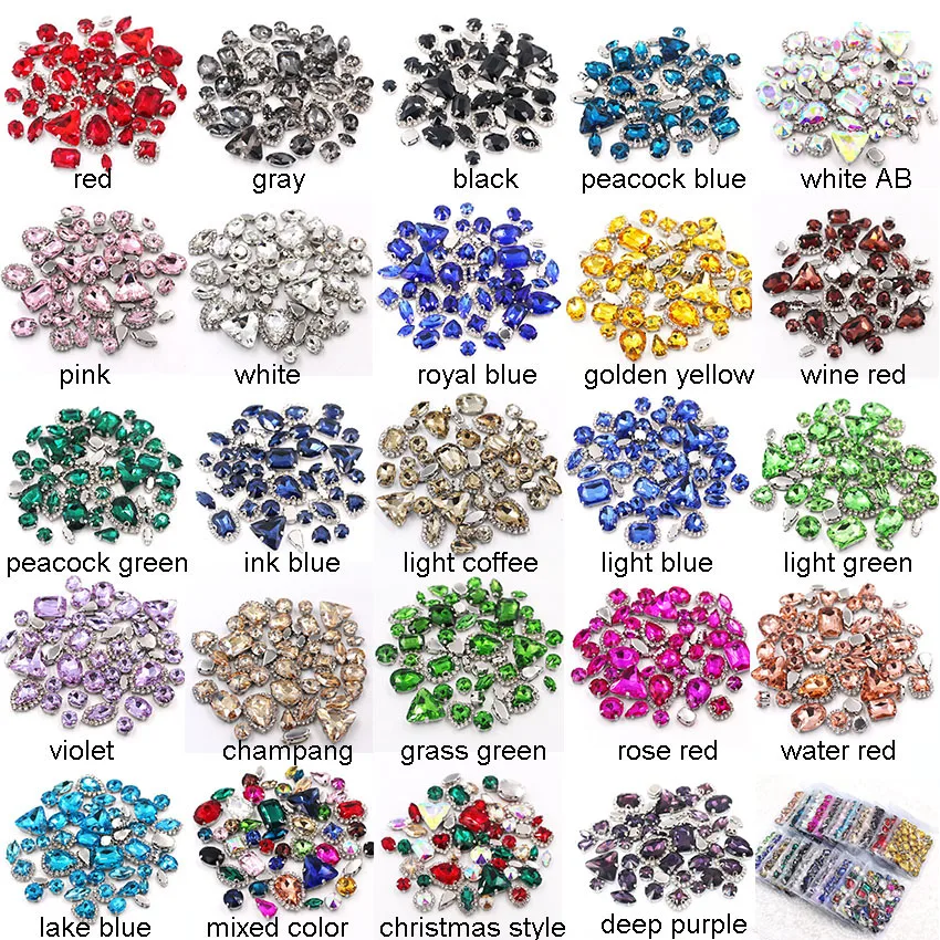 50pcs/Bag Pink Mixed Shape Sew on Glass Rhinestone Silver Claw and Crystal Buckle Diy Wedding Decoration Clothes/Shoe/Dress