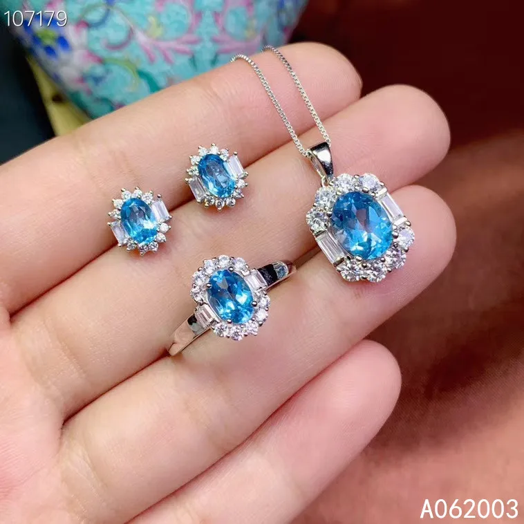 

KJJEAXCMY Fine Jewelry 925 sterling silver inlaid natural blue topaz female ring pendant earring set popular supports test