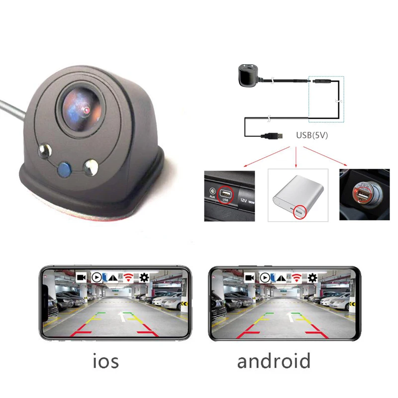 

car wireless USB Diy install blind spot side /front view wifi LED video recording parking reversing visible camera detector