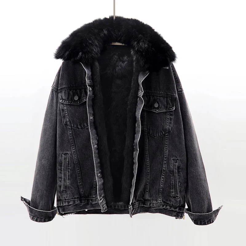 Winter Thick Natural Fox Fur Collar Rabbit Fur Liner Denim Jacket Women Black Blue Outwear Loose Short Jeans Jacket Coat Female