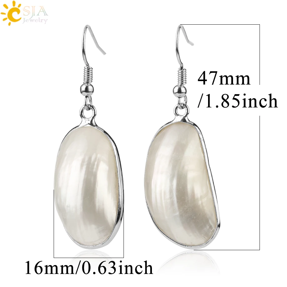 CSJA Natural Mother of Pearl Shell Drop Earrings Cabochon Bead Silver Color Hook Dangle Earring Simple Summer Beach Jewelry G220