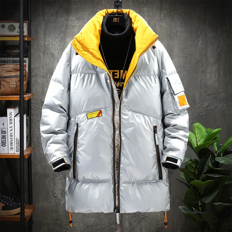 

Winter 2021 New 90% White Eiderdown Men's Fashionable Standing Collar Medium Length Casual Glossy Down Jacket Drop Ship