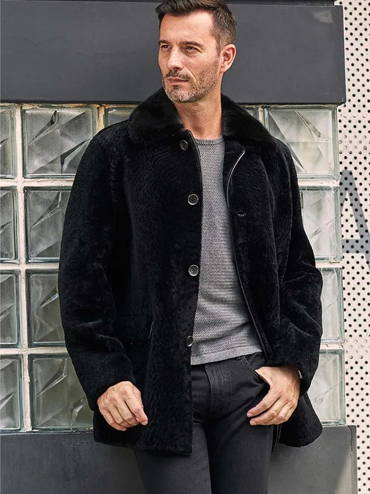 

Denny&Dora New Mens Sheepskin Shearling Jacket Long Winter Coat Black Leather Overcoat Winter Warm Fur Outwear