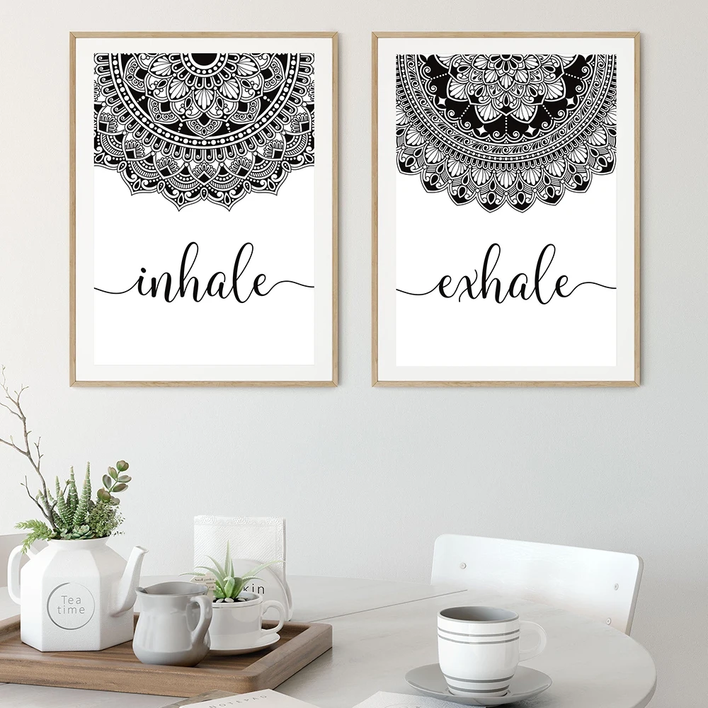 Black White Exhale Inhale Mandala Mindfulness Zen Wall Art Print Poster Picture Canvas Painting Yoga Room Living Room Home Decor