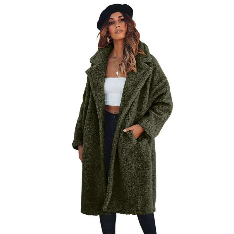 

Women Warm Thick Coat Plus Size Plush Long Sleeve Lapel Button Up Parka Outwear Jacket Overcoat with Pockets