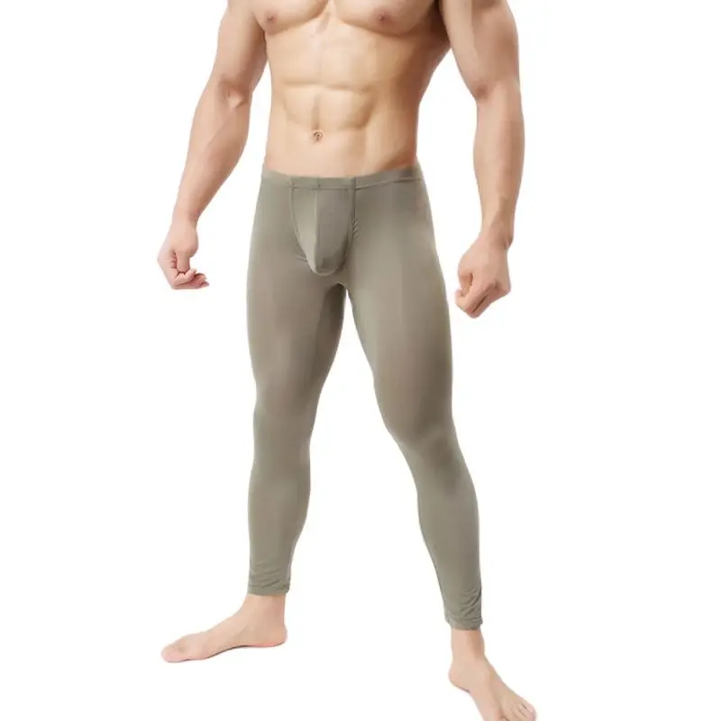 1PCs Sexy Men  U Pouch Legging Ice Silk Transparent Capris Sexy Tight Pocket Pajama Breathable Trousers FX1018