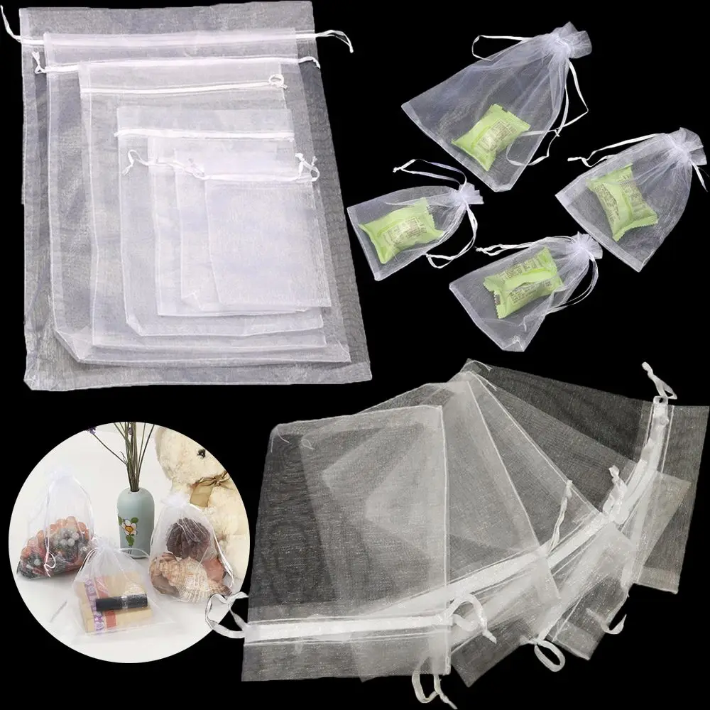 25/50PCS Drawable Christmas Favor Party Supply Gift Bags Organza Gauze Sachet Drawstring Pocket White Pouches