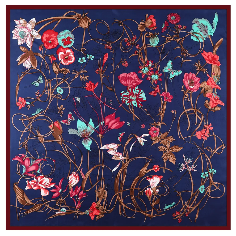 Luxury Brand Floral Design Big Square Scarf 130cm Twill Silk Shawl Women Kerchief Scarves For Lady Fashion Shawl Echarpe