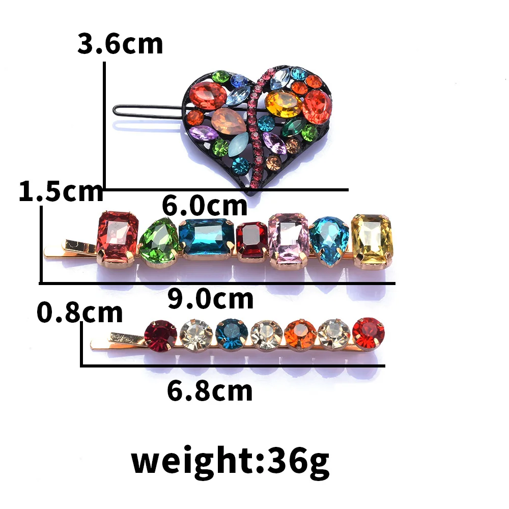 3Pcs Colorful Rhinestone Hair Clips Set Heart Shaped Sparkly Crystal Hair Barrettes For Women Girls Daily Party Fashion Jewelry