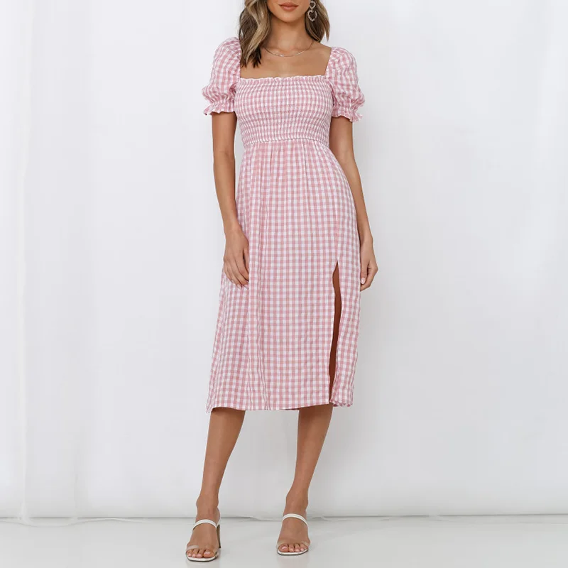 

Dress Women Summer Square Neck Short Puff Sleeve Shirred Casual Plaid Dress Midi Dress With Slit Dresses For Women 2021 Sundress