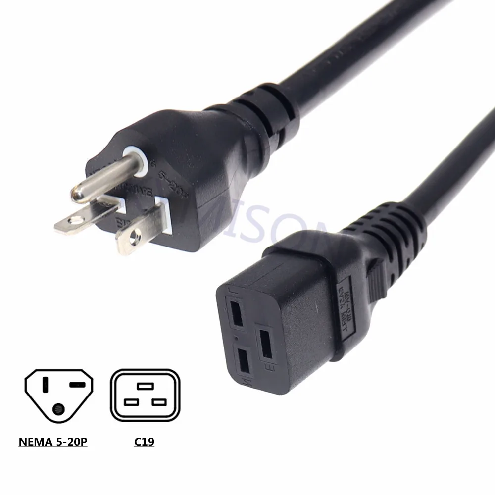 US NEMA 5-20P to IEC C19 SJT Power Cord 20A 125V American Heavy-duty Computer Extension Cable 12AWG Power Line 1.8m(6ft)