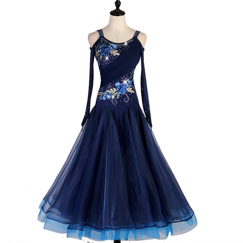 

junior Ballroom Dance Dresses Long Sleeve foxtrot dressWomen Stage Waltz Ballroom Dress MQ117 navy blue