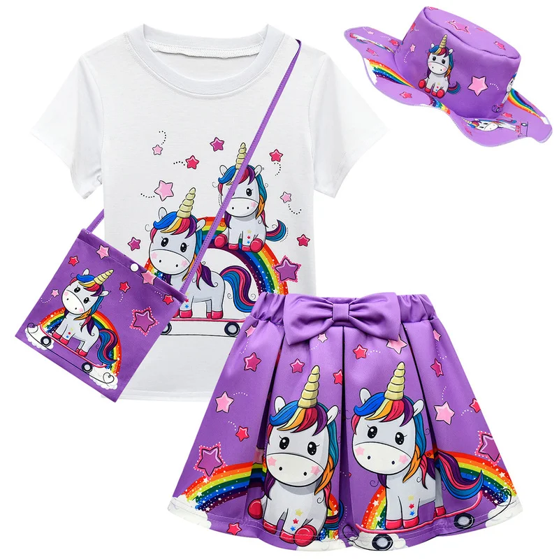 Summer Girl Party Unicorn Clothes Set Kids Baby Infant Cartoon Clothing Girls Cute Casual T-shirt Tops Skirts Outfit Set Toddler