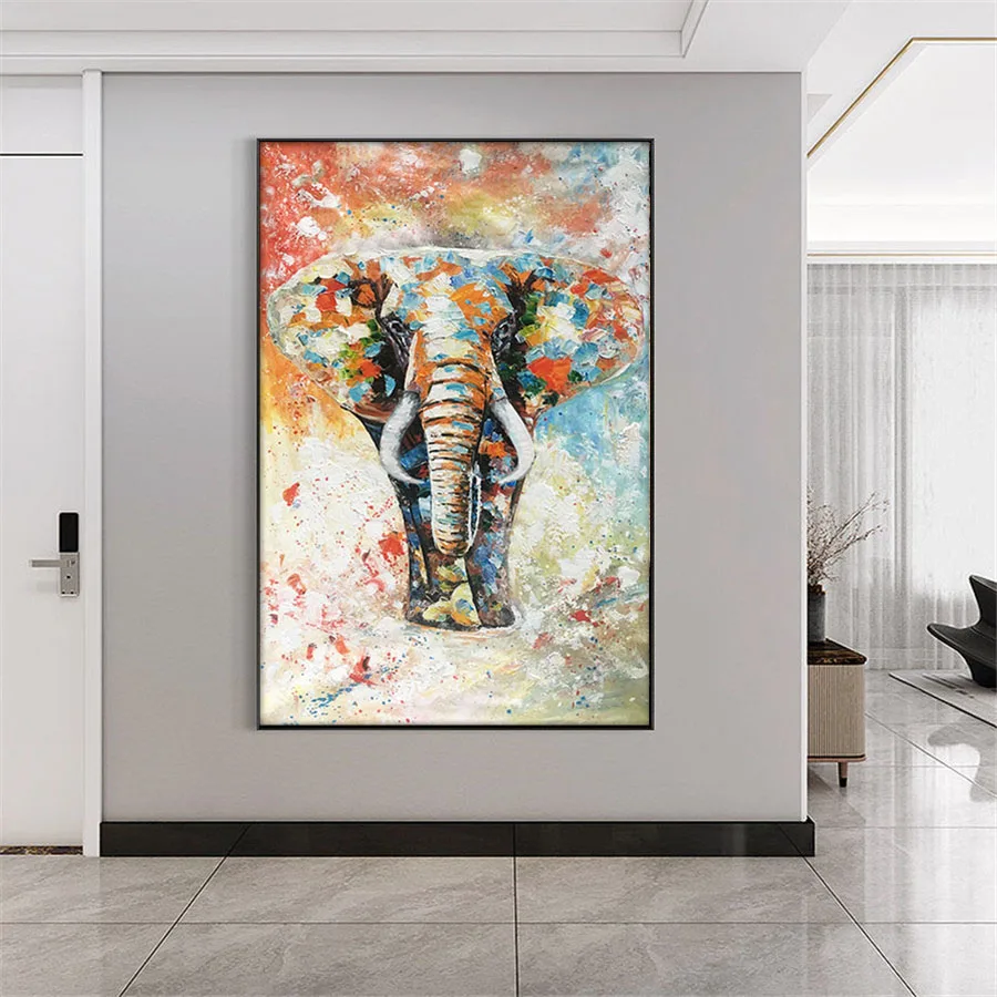 Hand-Painted Oil Painting Modern Abstract Canvas Drawing Animal Ivory Poster Migration Asian Elephant Home Decoration Wall Art