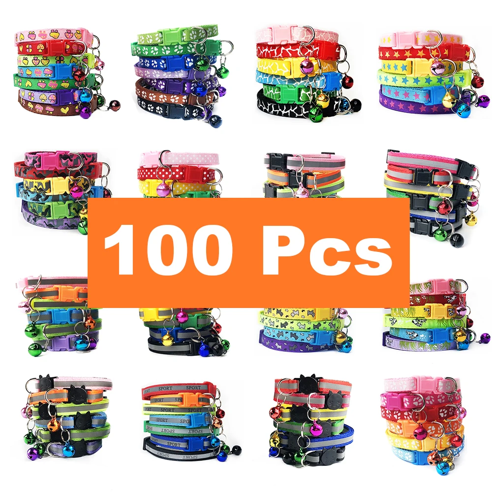 100Pcs Wholesale Collars for Cat Collar With Bell Adjustable Necklace Cat Puppy kitten Collar Dropshipping Pet Cats Collar Perro