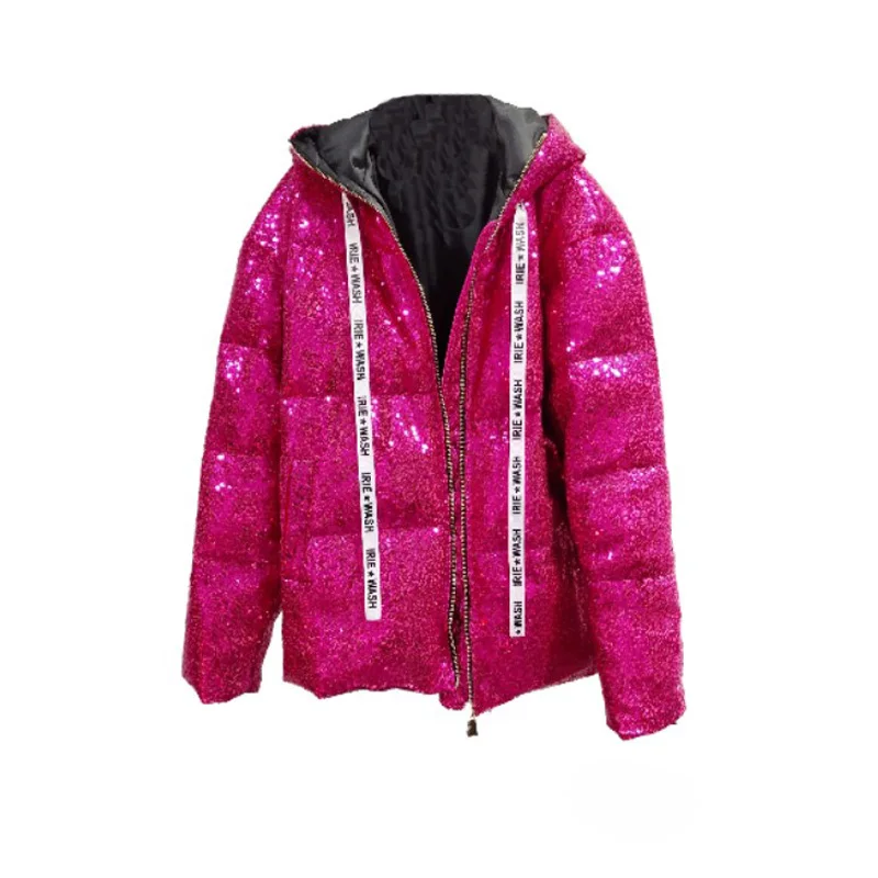 Girls Pink Full Sequins Hologram Fashion Winter Jacket Laser Symphony Glitter Sparkling Hooded Coat Cotten Blended With Ribbons