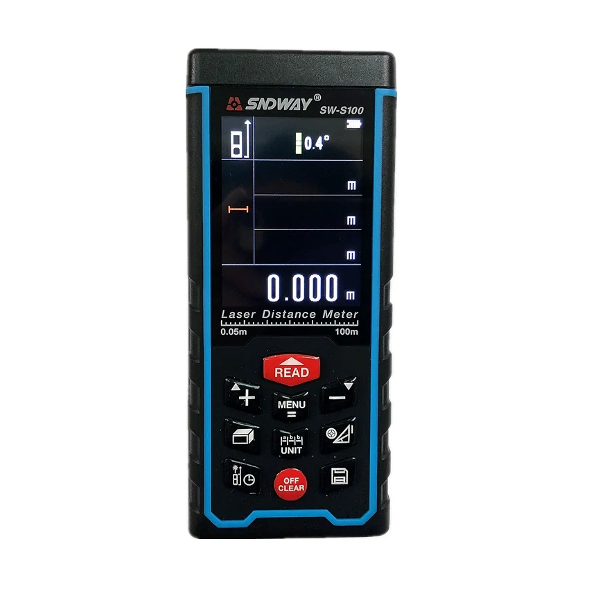 

SW-S100 100m Color Display Laser Distance Meter Rangefinder Tape with Bubble Level Measure Area/Volume Tool