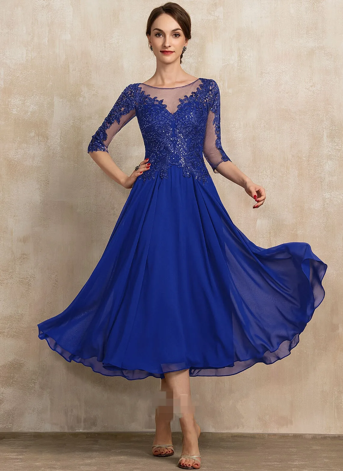 Elegante azul real chá-comprimento chiffon renda mãe da noiva vestido lantejoulas a linha vestido de festa de noiva personalizado 2025