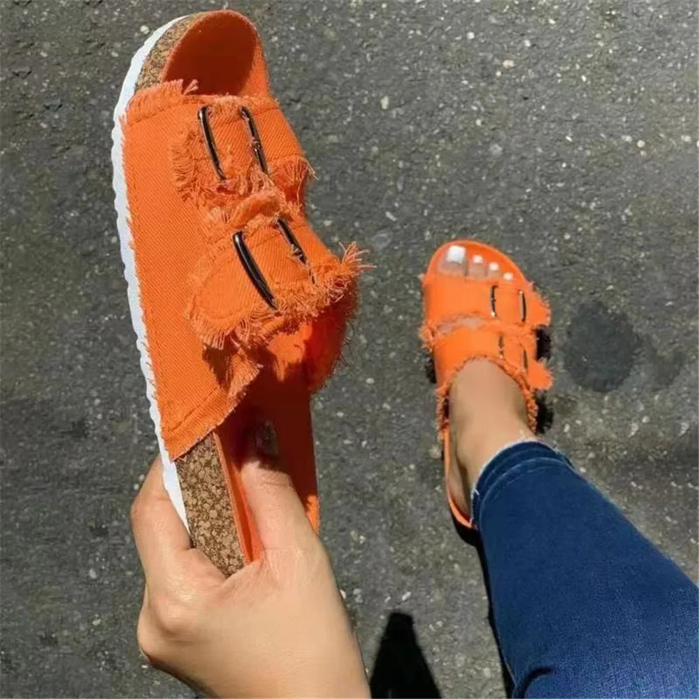 2024 New Summer Beach Cork Slippers Ladies Casual Double Buckle Non-slip Clogs Slides Women Slip On Flip Flop Canvas Shoes Black