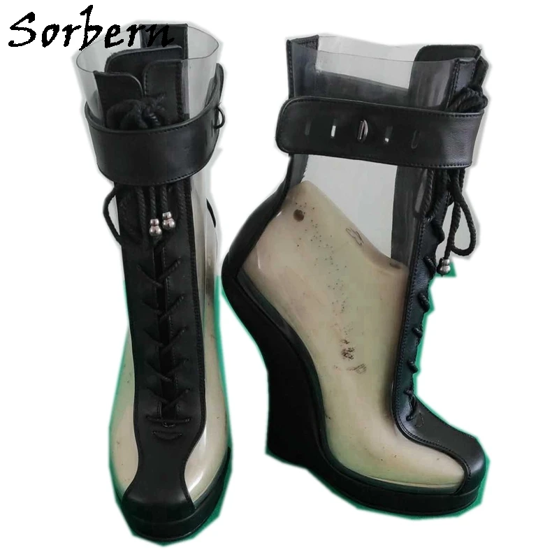 Sorbern stivali in pelle di mucca opaca nera donna stivaletti alti con lacci scarpe con plateau senza tacco punta tonda scarpe Fetish stivaletti