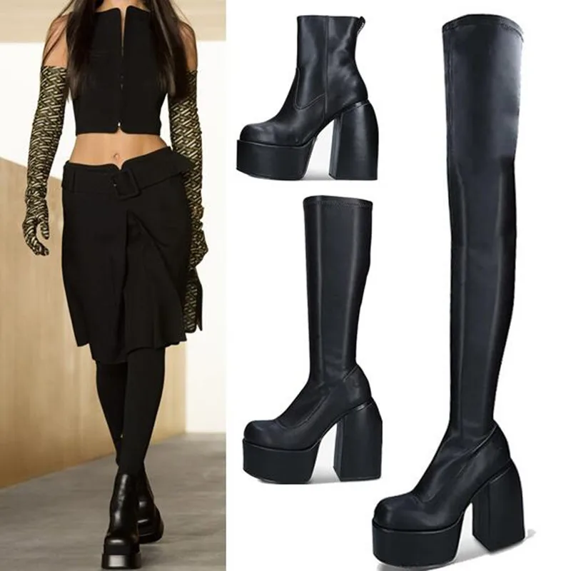 

2021 Autumn Square Heels Platform Martin Boots Genuine Leather Stretch Over The Knee Boots Sexy Long Boots Botas Mujer Shoes